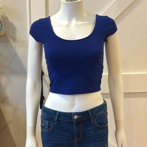 Royal Blue Crisscross Strappy Back Scoop Neck Crop Top Short Sleeve Stretchy